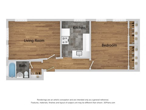 Floor plan for 1 bed, 1 bath, 675 sqft